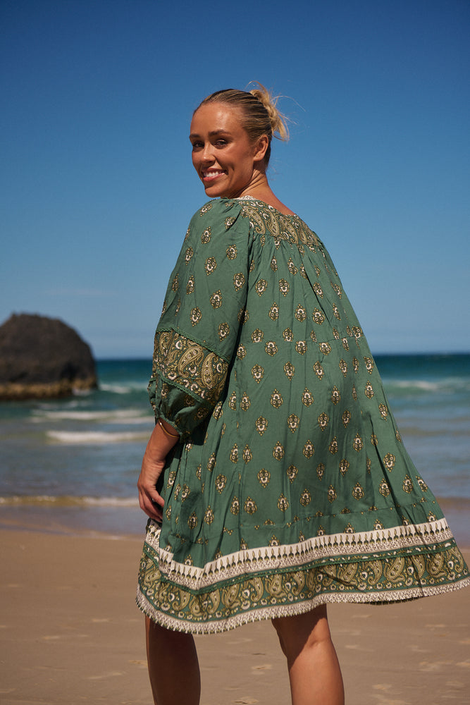 Jaase Adela Dress with Buttoned Bodice V-Neck Pockets - Viridian