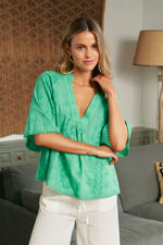 Jaase Gabriella 100% Cotton Embroidered Blouse Top with V Neck Lantern Sleeve - Emerald
