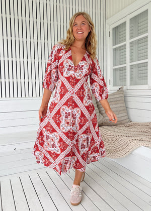 Jaase Lenni Midi Dress with V-Neck Buttoned A-Line Skirt Puff Sleeve - Rosa