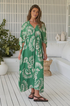 Jaase Bree Maxi Dress with V Neck Button Bodice Hankerchief Sleeve - Canary Islands - Style House Fashion