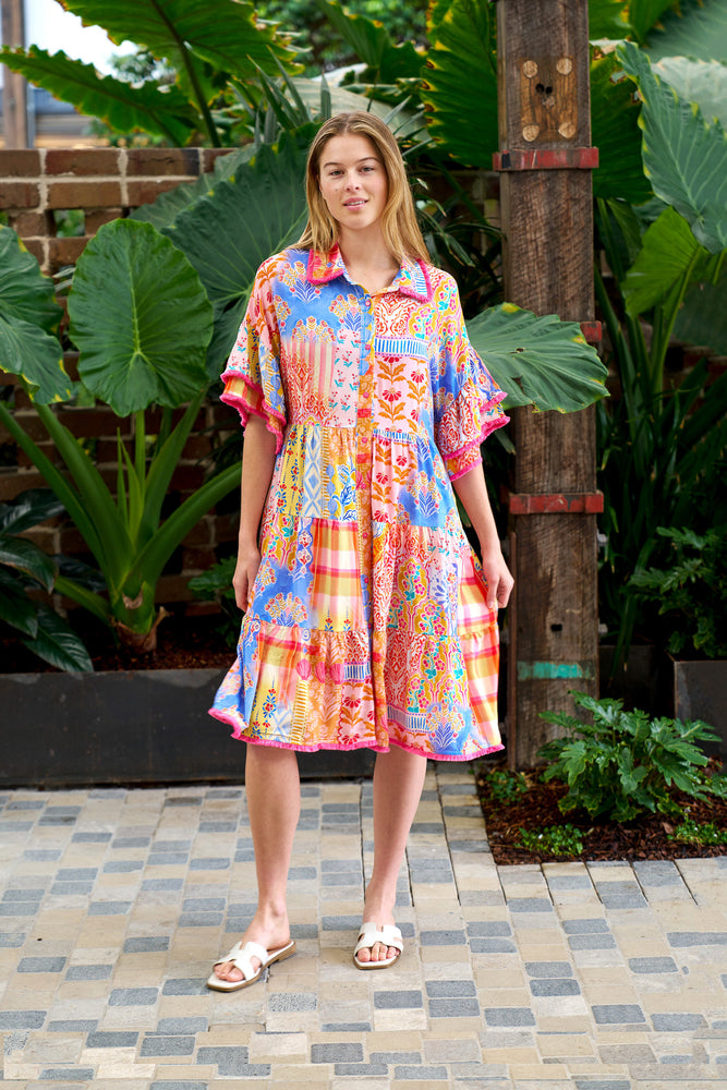 Boho Australia Alizee Mini Dress with V-Neck Buttons Pockets - Multi