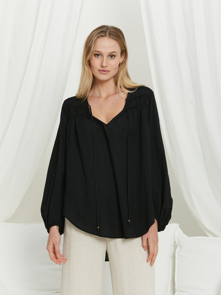 Iris Maxi Anna Cotton Blouse with V Neck Longline Back Billowy Sleeve - Black