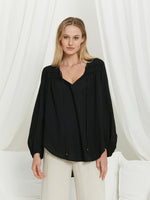 Iris Maxi Anna Cotton Blouse with V Neck Longline Back Billowy Sleeve - Black