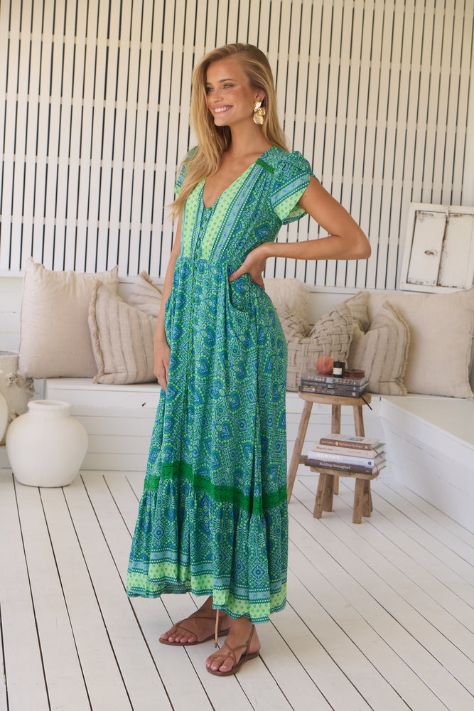 Jaase Carmen Maxi Dress with Cap Shell Sleeve V Neck Pockets Buttoned - Tranquility - Style House Fashion Jaase