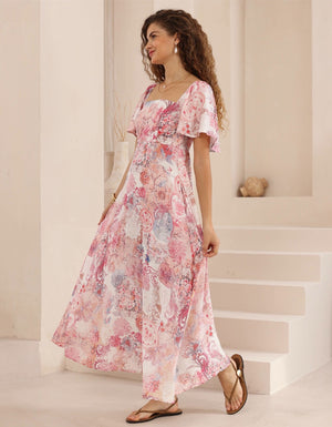 Iris Maxi Charlotte Maxi Dress with Shirred Bodice Flutter Sleeve - Hallie - Style House Fashion Style House Fashion