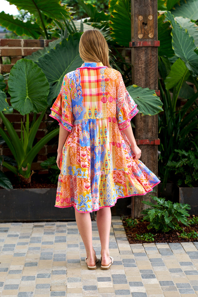 Boho Australia Alizee Mini Dress with V-Neck Buttons Pockets - Multi