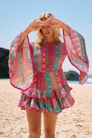 Jaase Primrose Mini Dress with Flared Boho Sleeve Shirred Bust - Cedella - Style House Fashion Jaase Jaase