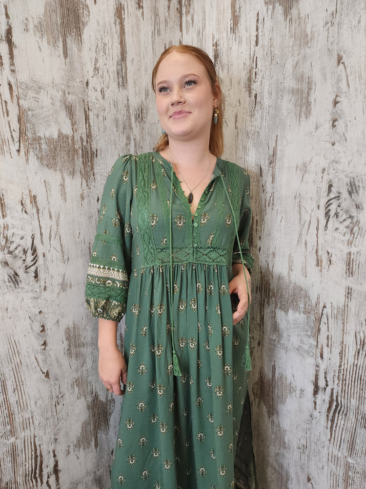 Jaase Meadow Maxi Dress with V Neck Button Bodice - Viridian