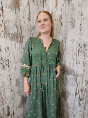 Jaase Meadow Maxi Dress with V Neck Button Bodice - Viridian
