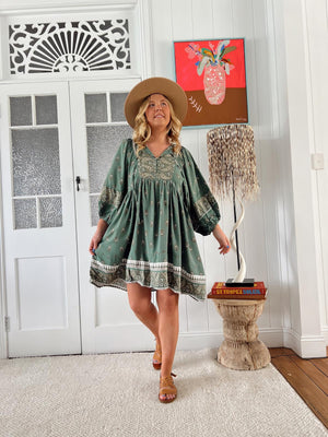 Jaase Adela Dress with Buttoned Bodice V-Neck Pockets - Viridian - Style House Fashion Jaase