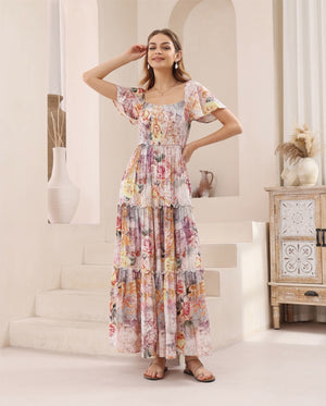 Iris Maxi Charlotte Maxi Dress with Shirred Bodice Flutter Sleeve - Arabella