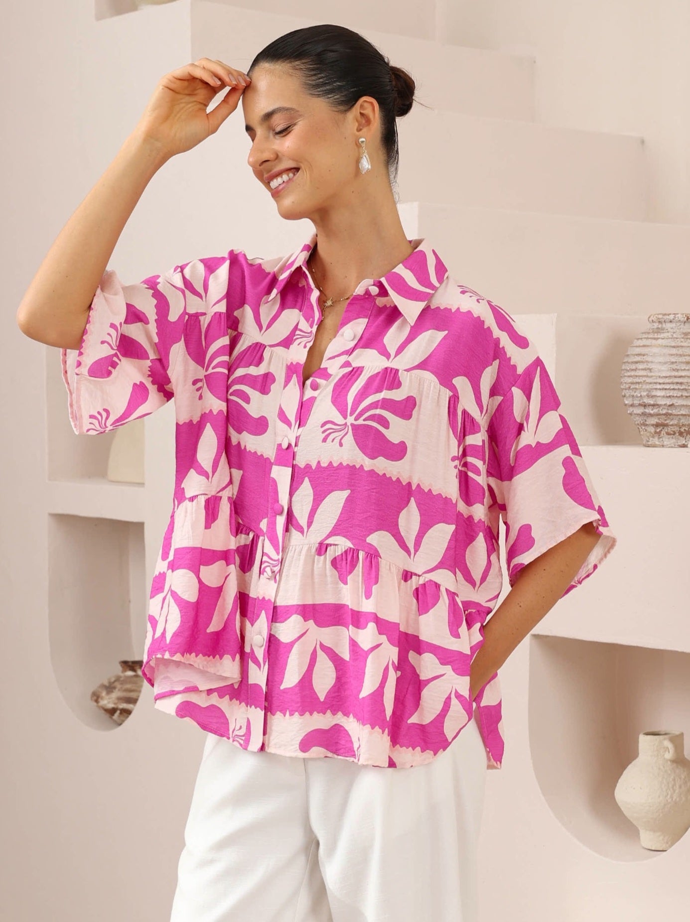 Iris Maxi Sarah Cotton Blouse Top with V-Neck Collar Buttoned Wide Sleeve - Pink Paradise - Style House Fashion