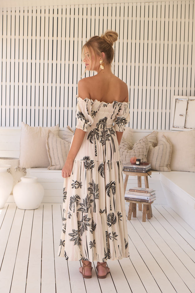 Jaase Claudette Maxi Dress With Shirred Bodice Puff Sleeve Off Shoulder Tiered Skirt - Serene - Style House Fashion Jaase Jaase