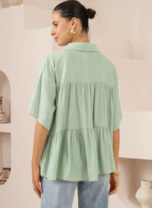 Iris Maxi Sarah Cotton Blouse Top with V-Neck Collar Buttoned Wide Sleeve - Pistachio