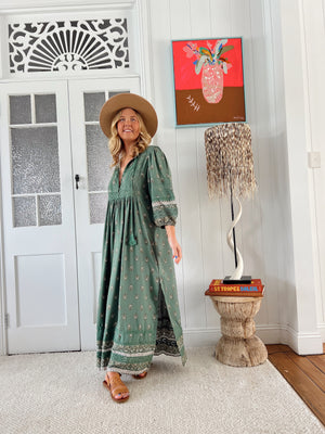 Jaase Meadow Maxi Dress with V Neck Button Bodice - Viridian - Style House Fashion Jaase