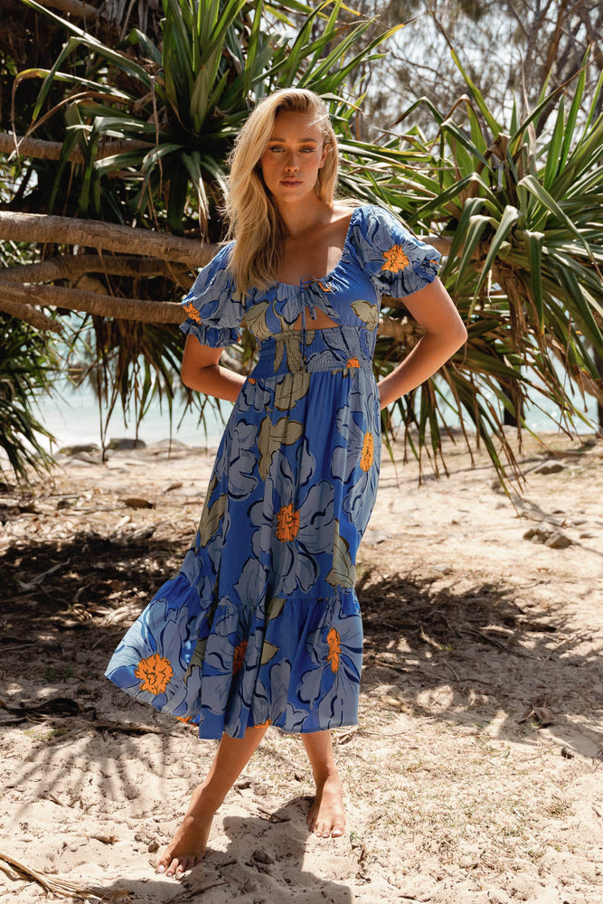 Jaase Rini Midi Dress V Neck Off Shoulder Elastic Waist - Blue Bell - Style House Fashion Jaase