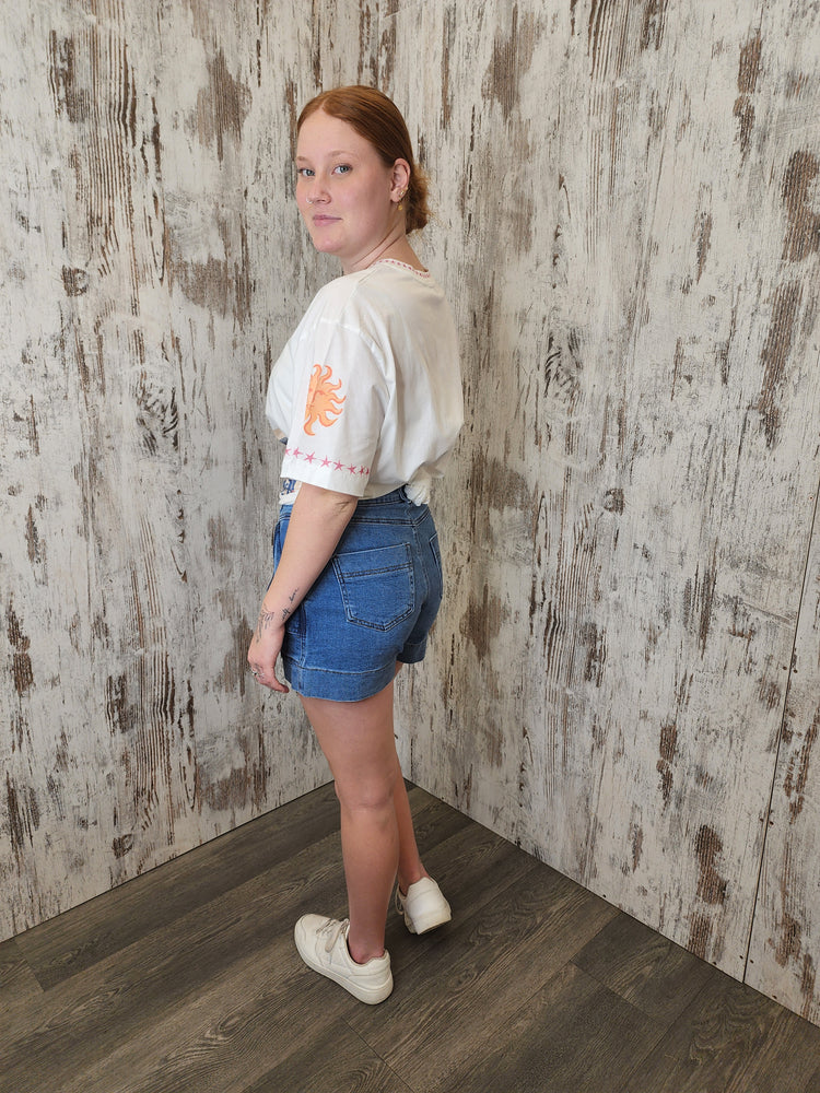 Country Denim Jodie Stretch High Rise Cargo Shorts - Mid Blue