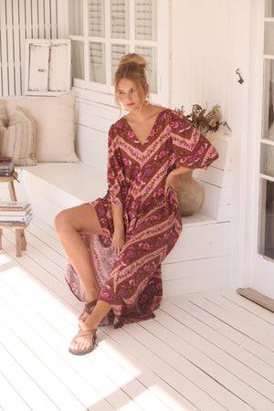 Jaase London Maxi Dress with V Neck Relaxed Shift - Savanna - Style House Fashion Jaase