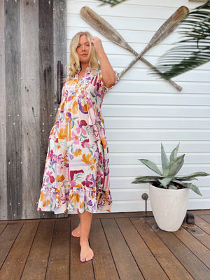 Jaase Kora Midi Dress with Tie Up V Neck Pockets Short Sleeve - Sweet Lilly - Style House Fashion Jaase Jaase