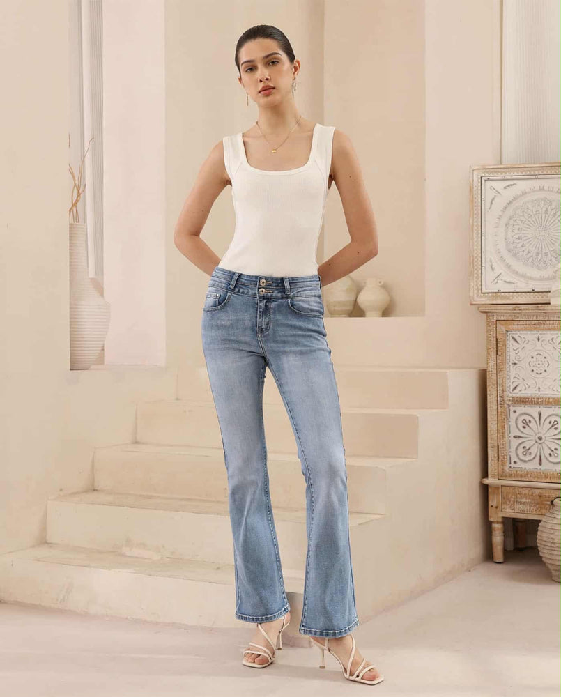 Iris Maxi Jedda Stretch Mid Low Rise Boot Leg Denim Jeans - Light Blue