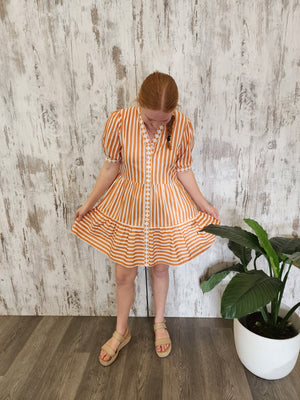 Joop & Gypsy Stripe Mini Dress V Neck Pockets - Pumpkin Striped - Style House Fashion Joop and Gypsy Joop and Gypsy Joop and Gypsy Joop and Gypsy Joop and Gypsy Joop and Gypsy