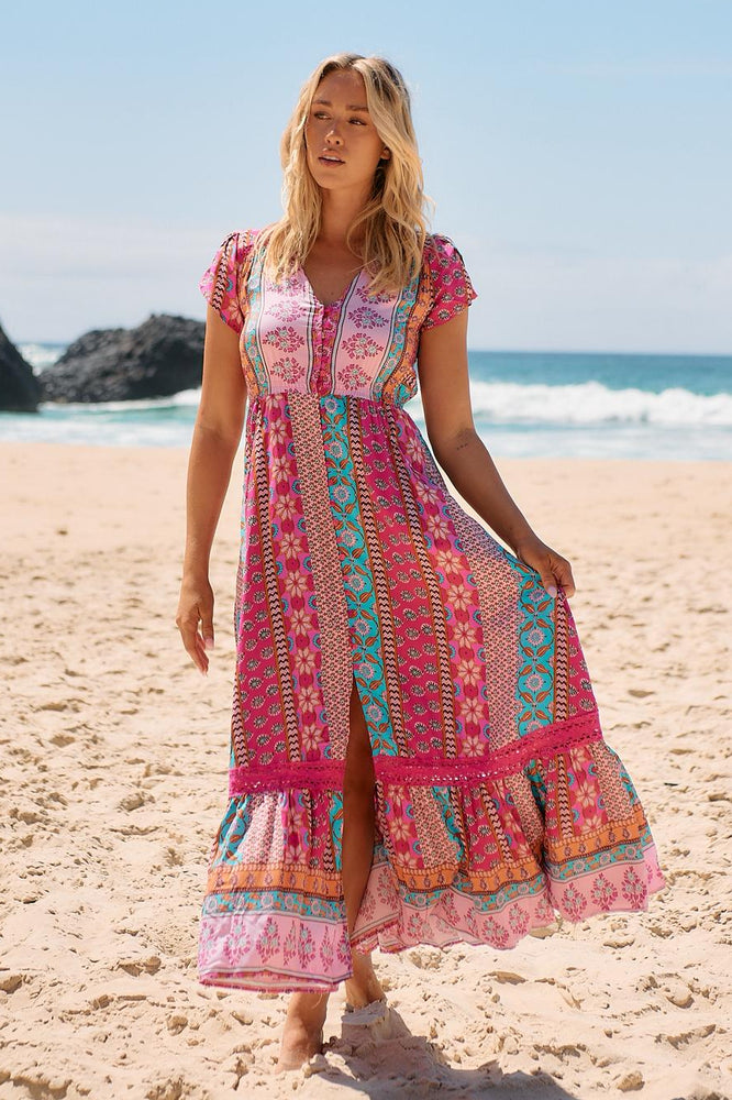 Jaase Carmen Maxi Dress with Cap Shell Sleeve V Neck Pockets Buttoned - Cedella - Style House Fashion Jaase Jaase Jaase