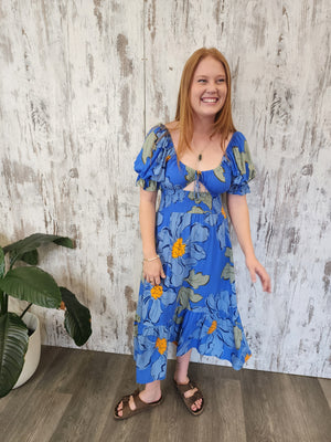 Jaase Rini Midi Dress V Neck Off Shoulder Elastic Waist - Blue Bell - Style House Fashion Jaase