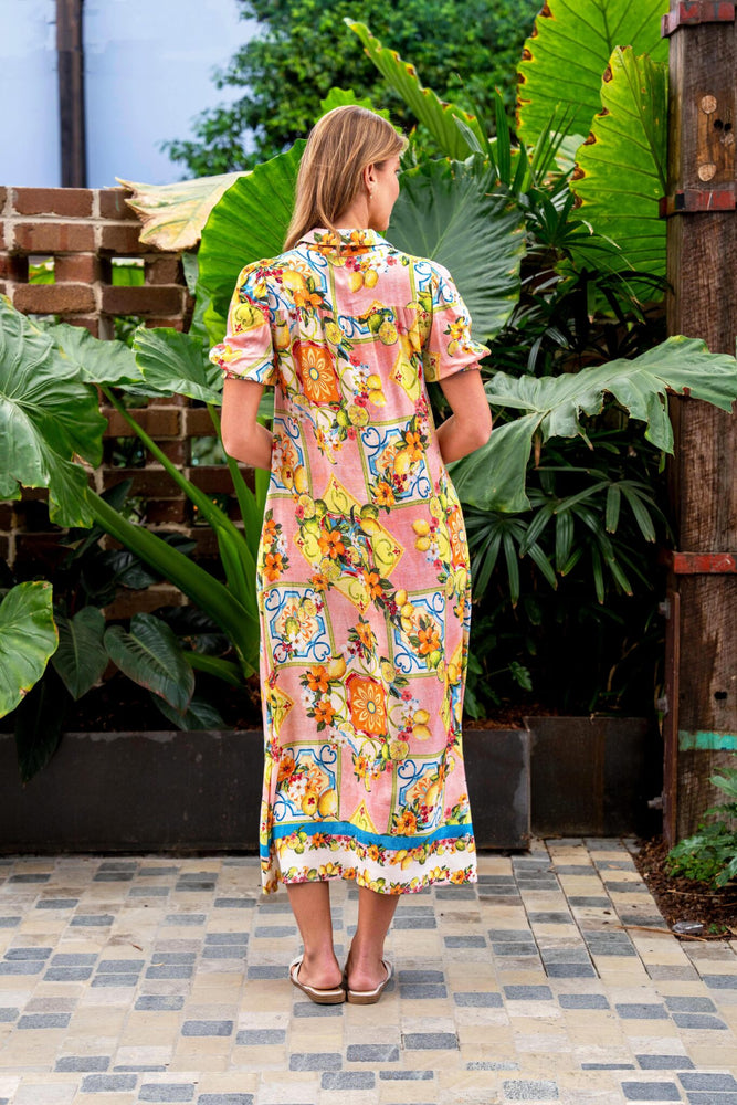 Boho Australia Aamina Midi Dress with V-Neck Buttons Pockets - Lemon Floral