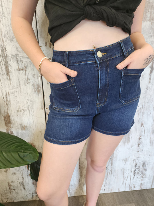 Country Denim Jessie High Rise Stretch Shorts - Dark Blue
