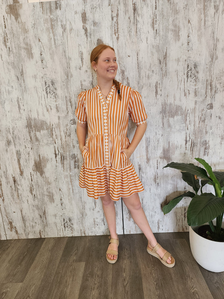 Joop & Gypsy Stripe Mini Dress V Neck Pockets - Pumpkin Striped - Style House Fashion Joop and Gypsy Joop and Gypsy Joop and Gypsy Joop and Gypsy Joop and Gypsy Joop and Gypsy