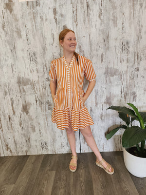 Joop & Gypsy Stripe Mini Dress V Neck Pockets - Pumpkin Striped - Style House Fashion Joop and Gypsy Joop and Gypsy Joop and Gypsy Joop and Gypsy Joop and Gypsy Joop and Gypsy