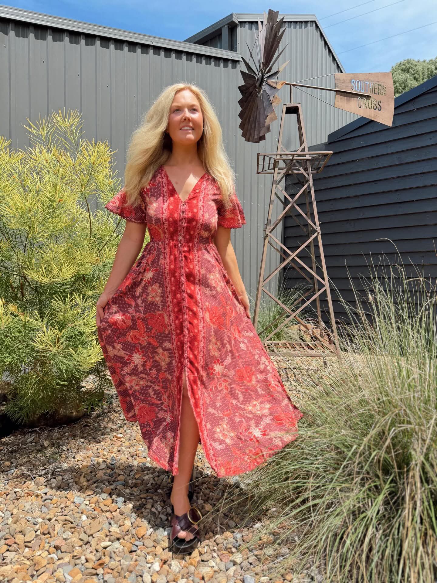 Jaase Pearl Midi Dress with Flutter Sleeve V Neck Pockets Buttoned - Ziggy - Style House Fashion