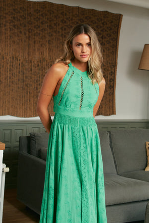Jaase Endless Summer 100% Cotton Embroidered Maxi Dress with Halter Neck Tie Back Full Skirt - Emerald