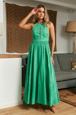 Jaase Endless Summer 100% Cotton Embroidered Maxi Dress with Halter Neck Tie Back Full Skirt - Emerald