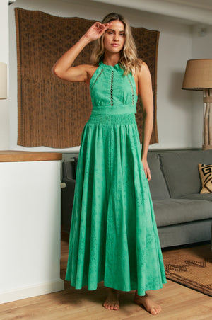 Jaase Endless Summer 100% Cotton Embroidered Maxi Dress with Halter Neck Tie Back Full Skirt - Emerald