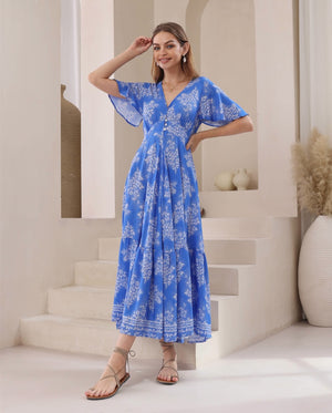 Iris Maxi Stacey Maxi Dress with V Neck Flutter Sleeve Empire Waist - Bluebell - Style House Fashion Iris Maxi