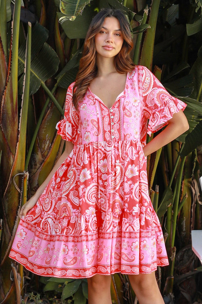 Isabella Delilah Mini Dress with V-Neck Buttons Pockets - Pink Crush