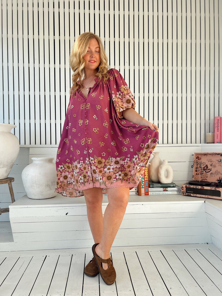 Jaase Evelyn Mini Dress with Pockets V Neck Buttoned Relaxed Shift - Bee Orchid - Style House Fashion Jaase
