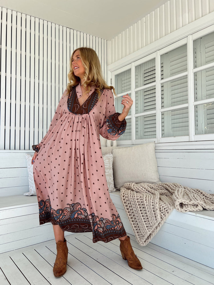 Jaase Boheme Midi Dress with Long Sleeve Lace Detail V Neck Pockets - Seraphina - Style House Fashion Jaase Jaase Jaase