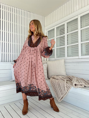 Jaase Boheme Midi Dress with Long Sleeve Lace Detail V Neck Pockets - Seraphina - Style House Fashion Jaase Jaase Jaase