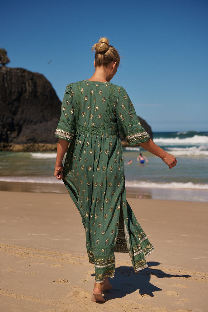 Jaase Meadow Maxi Dress with V Neck Button Bodice - Viridian