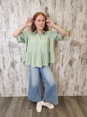 Iris Maxi Sarah Cotton Blouse Top with V-Neck Collar Buttoned Wide Sleeve - Pistachio