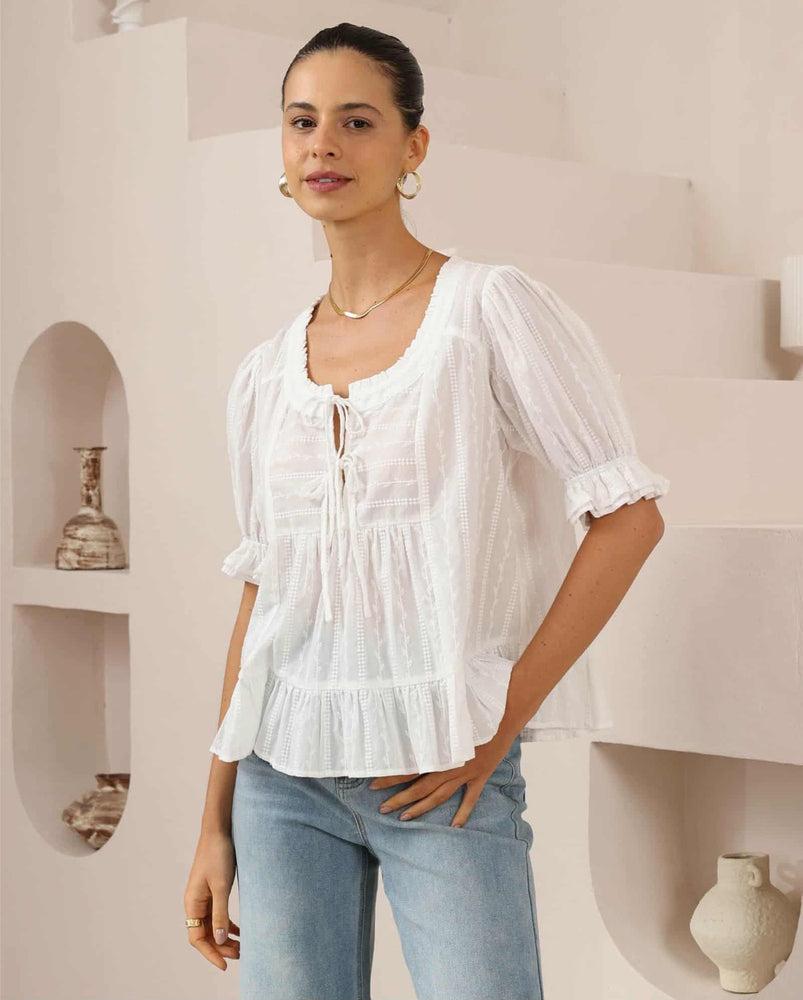 Iris Maxi Toni Cotton Blouse Top with Lace Detail V-Neck Sleeve Buttons Ties - White