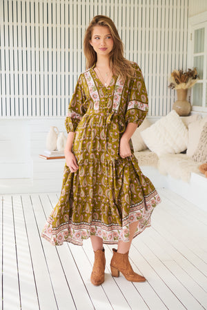 Jaase Mila Midi Dress with V Neck Billowy Sleeve - Amalie - Style House Fashion Jaase