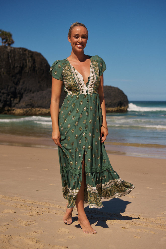 Jaase Carmen Maxi Dress with Cap Shell Sleeve V Neck Pockets Buttoned - Viridian - Style House Fashion Jaase Jaase Jaase Jaase Jaase Jaase