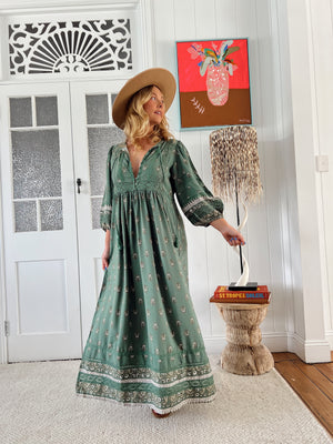 Jaase Meadow Maxi Dress with V Neck Button Bodice - Viridian - Style House Fashion Jaase