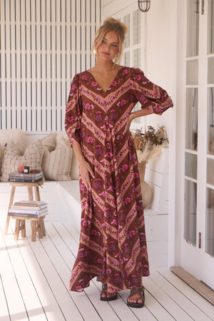 Jaase London Maxi Dress with V Neck Relaxed Shift - Savanna - Style House Fashion Jaase