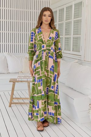 Tabitha Maxi Dress with V Neck Buttoned Through - Mystic Matcha - Style House Fashion