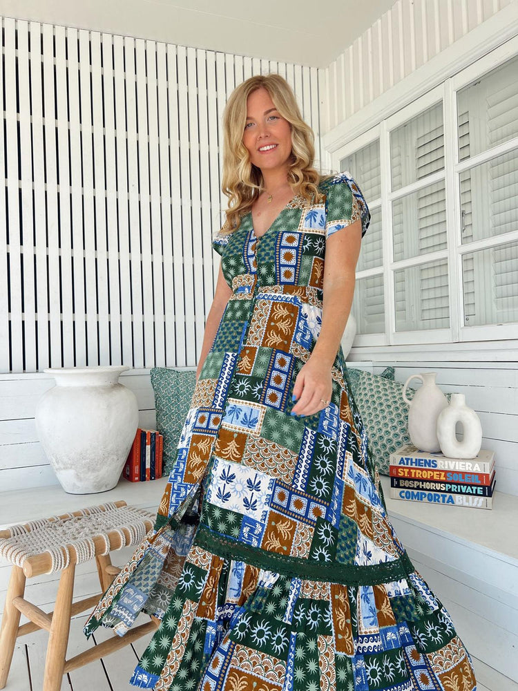 Jaase Carmen Maxi Dress with Cap Shell Sleeve V Neck Pockets Buttoned - Emerald Cove - Style House Fashion Jaase Jaase Jaase