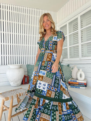 Jaase Carmen Maxi Dress with Cap Shell Sleeve V Neck Pockets Buttoned - Emerald Cove - Style House Fashion Jaase Jaase Jaase